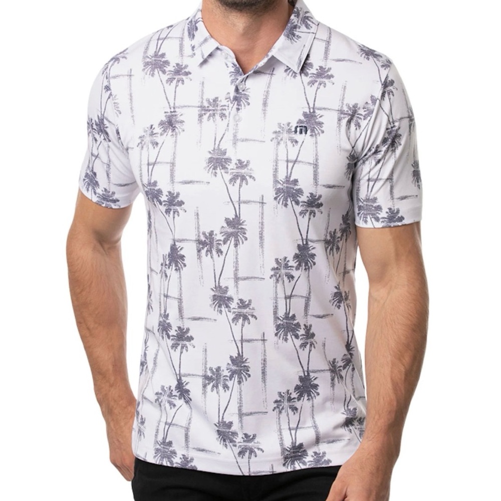 Travis Mathew White Gray Palm Print Athletic Golf Polo Resort Wear Men’s XL